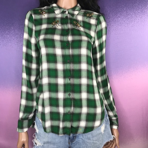H&M Tops - H&M Green Plaid Bug Beaded Button Down